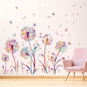 wondever Colorful Dandelion Wall Decals Flying Flowers Floral Wall Stickers