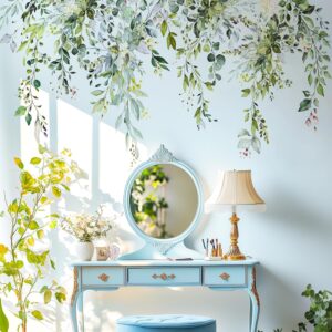 Green Plants Leaves Wall Decals Peel and Stick, Large Floral Flowers Wall Stickers, Removable Vine Home Decor Art for Bedroom Living Room Classroom Office