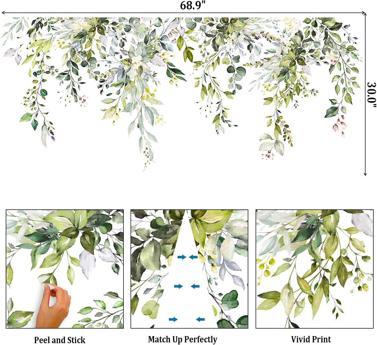 Green Plants Leaves Wall Decals Peel and Stick, Large Floral Flowers Wall Stickers, Removable Vine Home Decor Art for Bedroom Living Room Classroom Office - Image 2