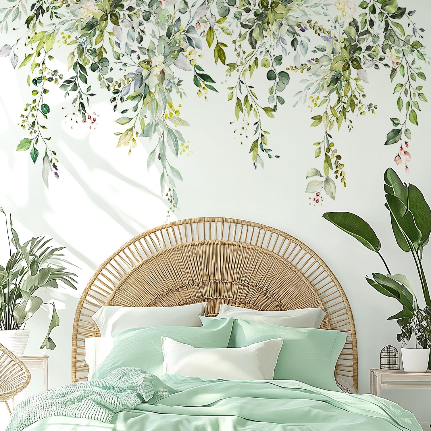 Green Plants Leaves Wall Decals Peel and Stick, Large Floral Flowers Wall Stickers, Removable Vine Home Decor Art for Bedroom Living Room Classroom Office - Image 4