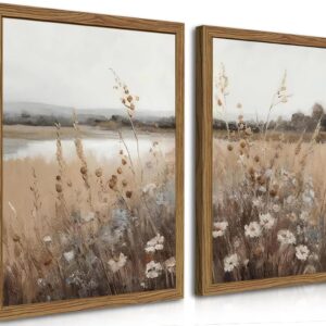 Wood Frame Vintage Wall Art Set of 2, Retro Farmhouse Wildflower Wall Decor Paintings Art Pictures, Country Floral Field Landscape Canvas Posters Prints for Bedroom Bathroom 12x16In Framed