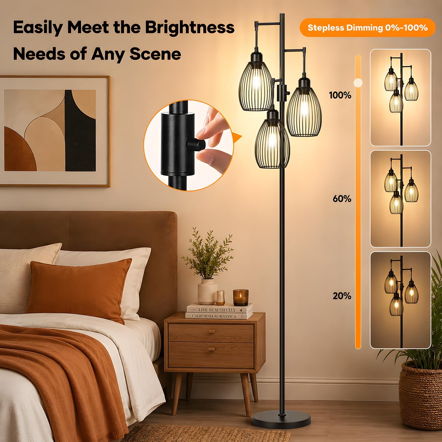 Dimmable Floor Lamp, 3 x 800LM LED Edison Bulbs Included, Farmhouse Industrial Floor Lamp Standing Tree Lamp with Elegant Teardrop Cage Tall Lamps for Living Room Bedroom Office Dining Room-Black - Image 3