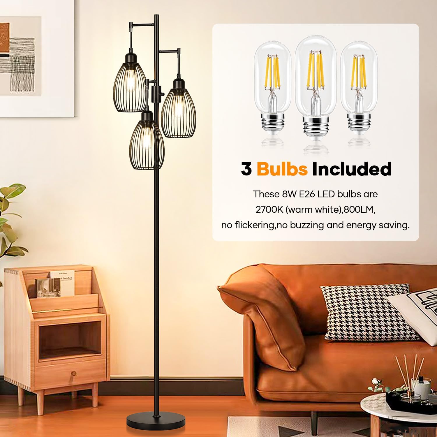 Dimmable Floor Lamp, 3 x 800LM LED Edison Bulbs Included, Farmhouse Industrial Floor Lamp Standing Tree Lamp with Elegant Teardrop Cage Tall Lamps for Living Room Bedroom Office Dining Room-Black - Image 4