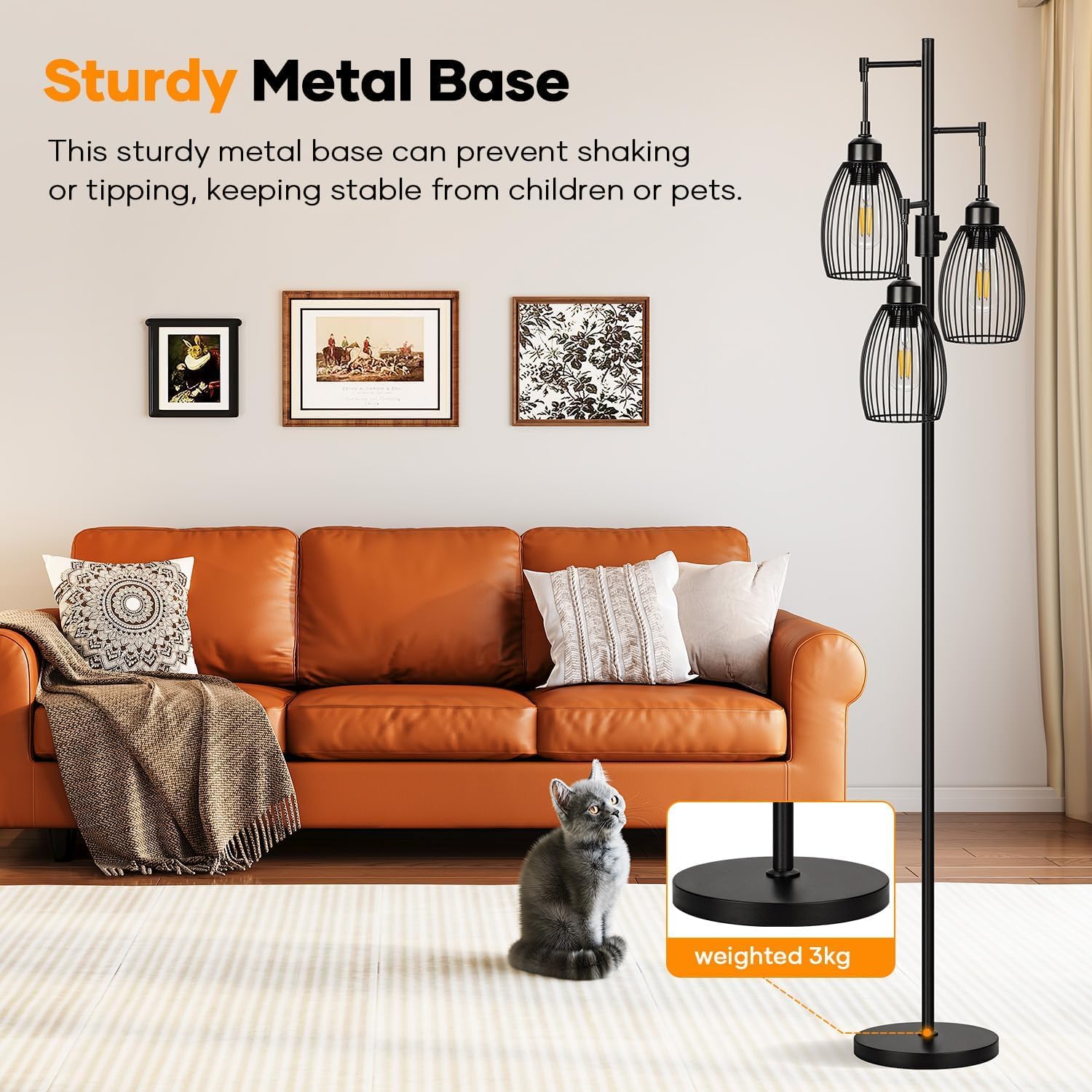 Dimmable Floor Lamp, 3 x 800LM LED Edison Bulbs Included, Farmhouse Industrial Floor Lamp Standing Tree Lamp with Elegant Teardrop Cage Tall Lamps for Living Room Bedroom Office Dining Room-Black - Image 6
