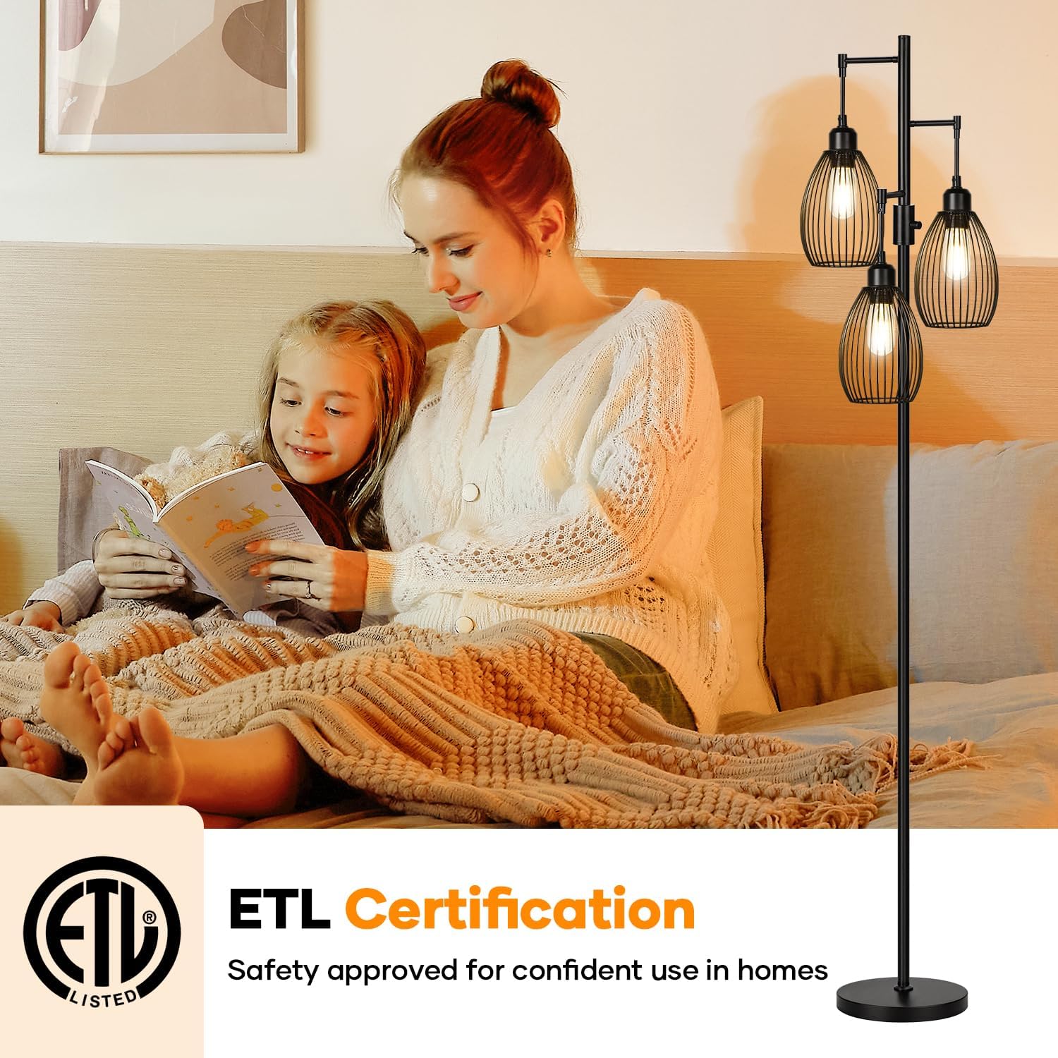 Dimmable Floor Lamp, 3 x 800LM LED Edison Bulbs Included, Farmhouse Industrial Floor Lamp Standing Tree Lamp with Elegant Teardrop Cage Tall Lamps for Living Room Bedroom Office Dining Room-Black - Image 7
