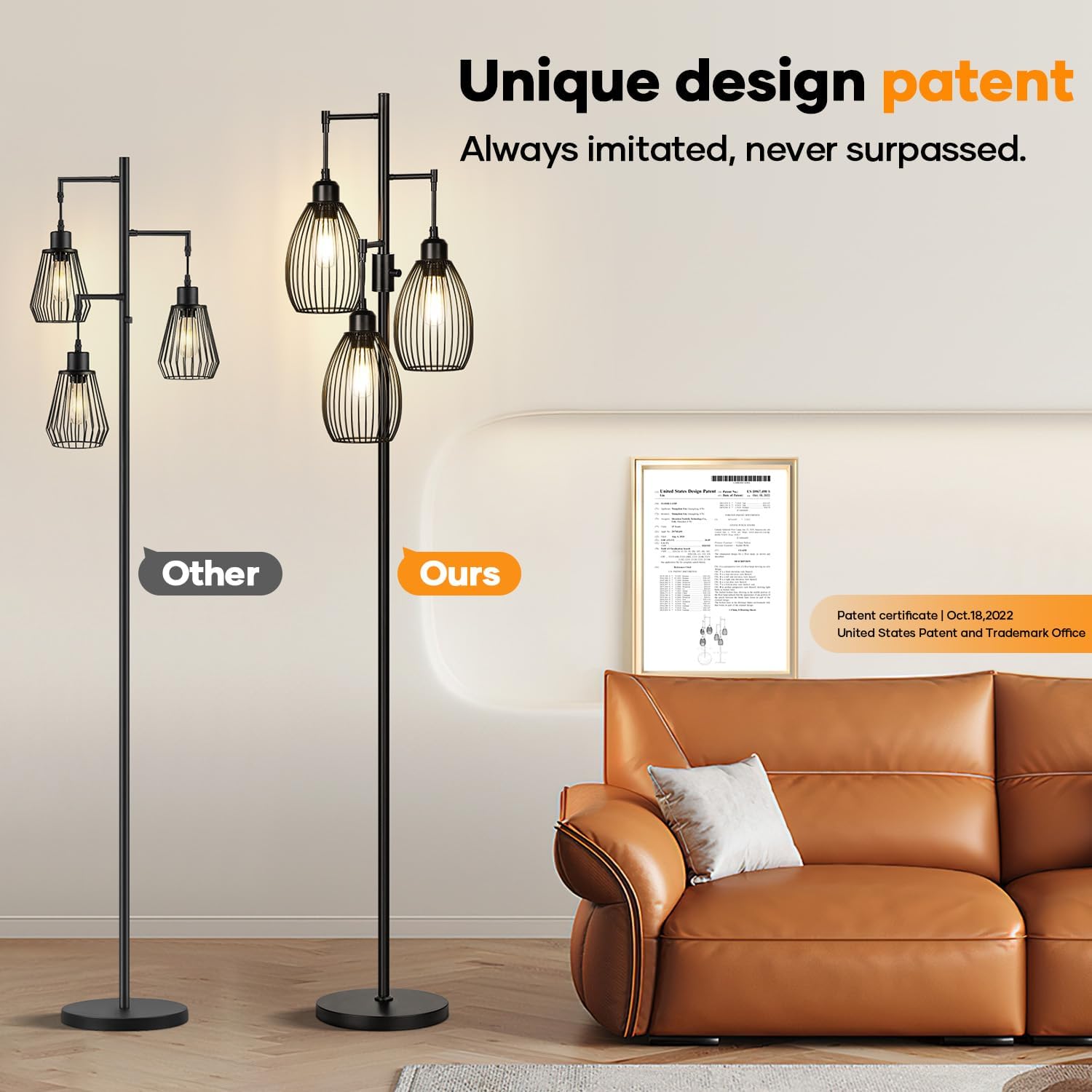 Dimmable Floor Lamp, 3 x 800LM LED Edison Bulbs Included, Farmhouse Industrial Floor Lamp Standing Tree Lamp with Elegant Teardrop Cage Tall Lamps for Living Room Bedroom Office Dining Room-Black - Image 8